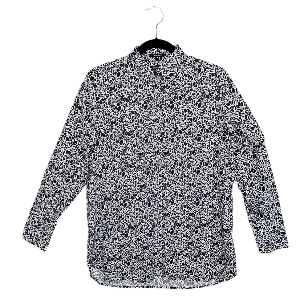 Lands End Womens No Iron Supima Cotton Shirt 1/4 Button Navy Blue 8 Botanical